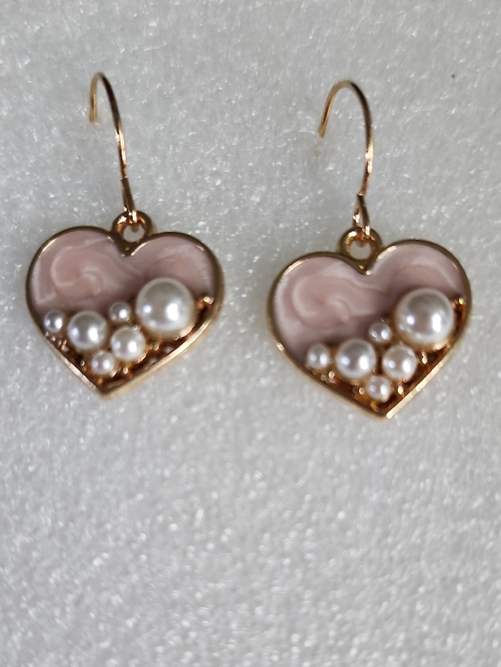 Hand Crafted Gold-Tone Pink Heart Pearl Dangle Earrings